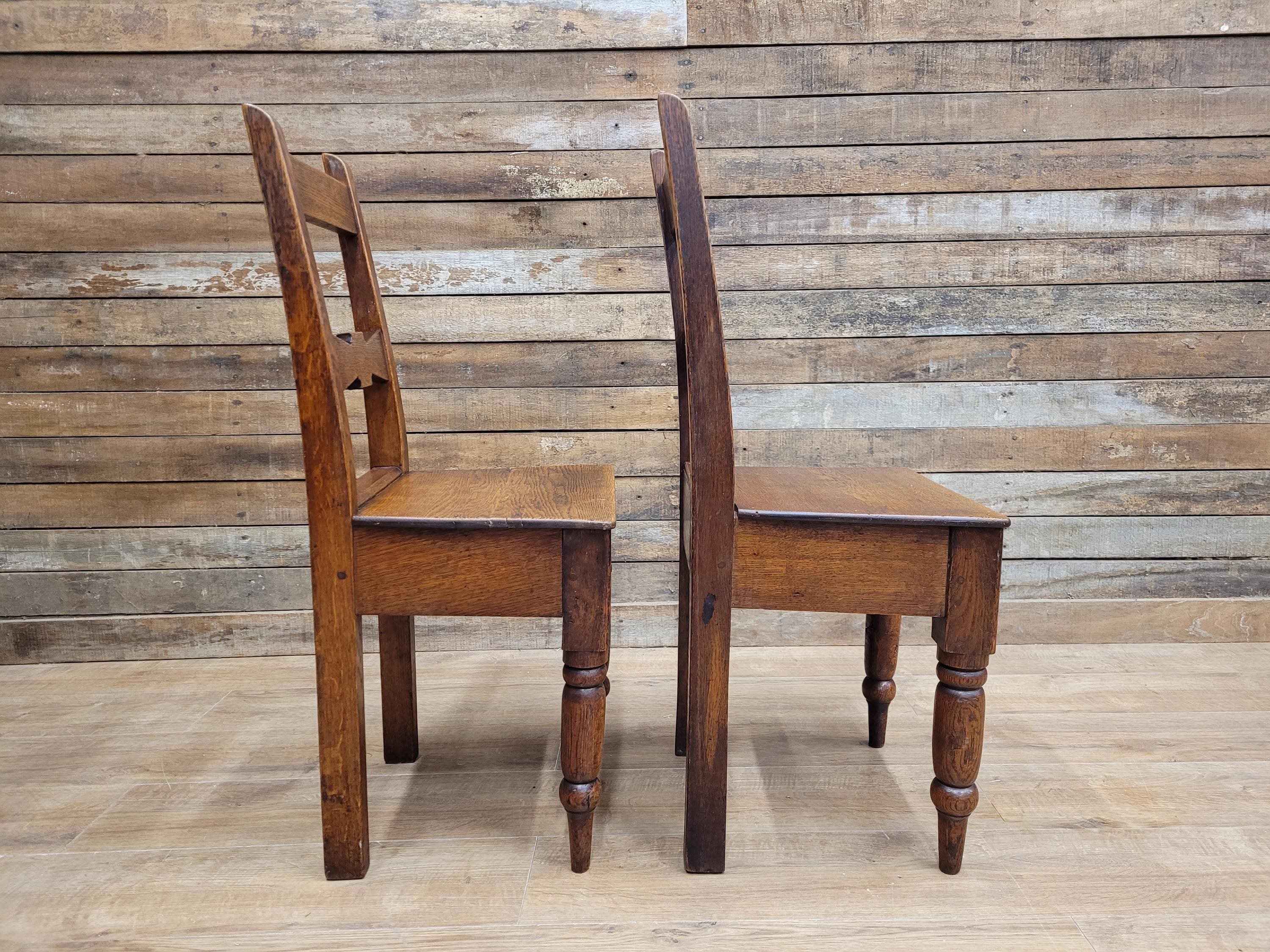 Pair Of Antique English Oak Farmhouse Chapel Chair Hall Utility Chairs