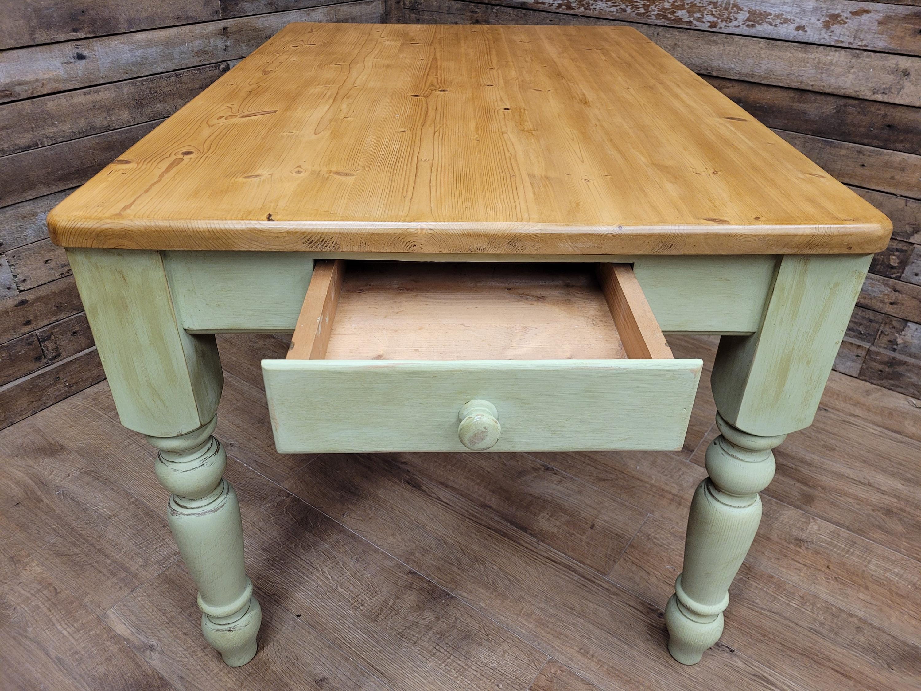 Vintage Up-Cycled Hand Painted Chalk Paint Waxed Pine Farmhouse Table End Drawer