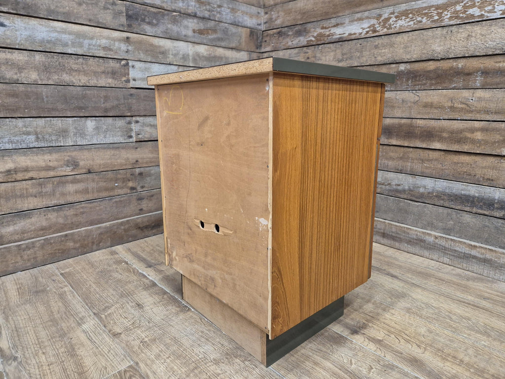 Mid Century Teak Bedside Cabinet Olive Grey Green Melamine Top Vintage
