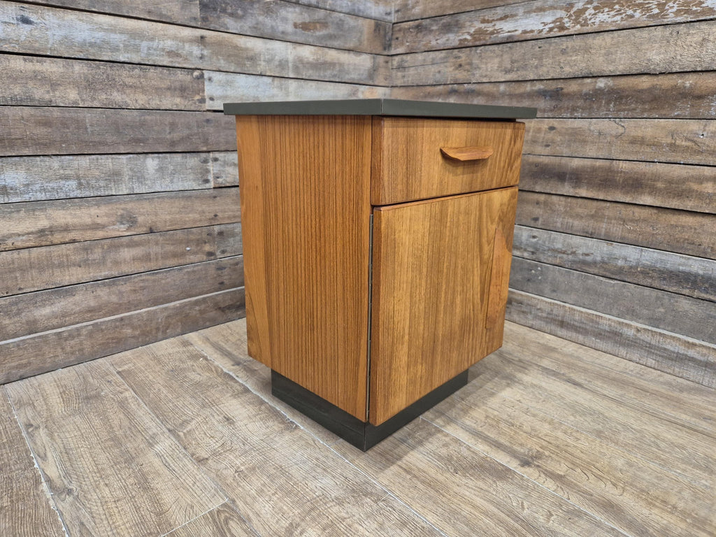 Mid Century Teak Bedside Cabinet Olive Grey Green Melamine Top Vintage