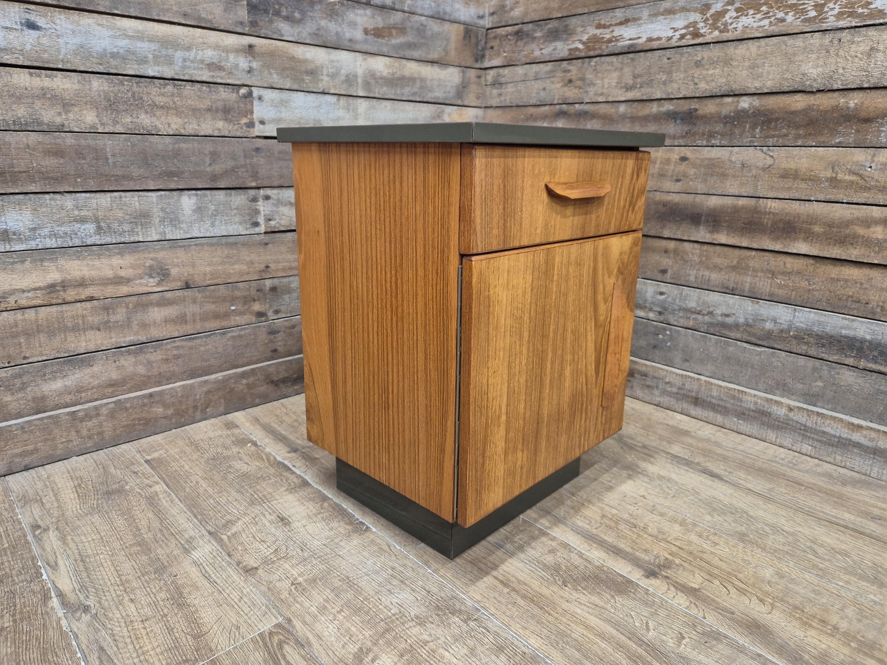 Mid Century Teak Bedside Cabinet Olive Grey Green Melamine Top Vintage