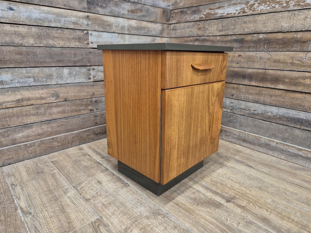 Mid Century Teak Bedside Cabinet Olive Grey Green Melamine Top Vintage