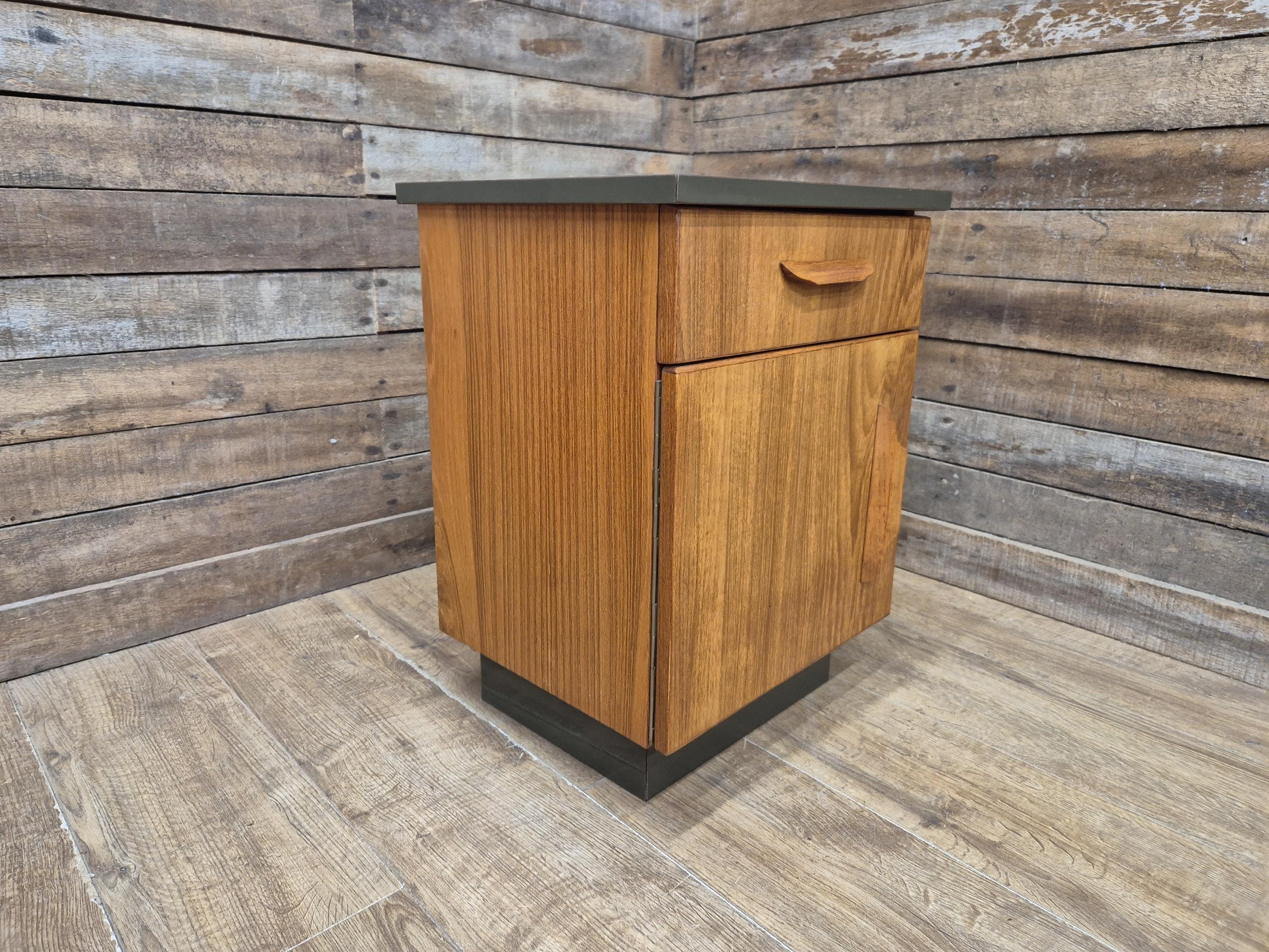 Mid Century Teak Bedside Cabinet Olive Grey Green Melamine Top Vintage