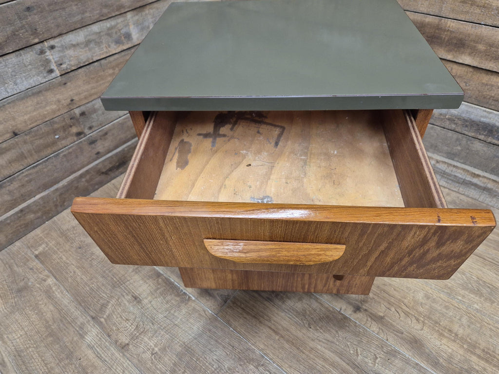 Mid Century Teak Bedside Cabinet Olive Grey Green Melamine Top Vintage
