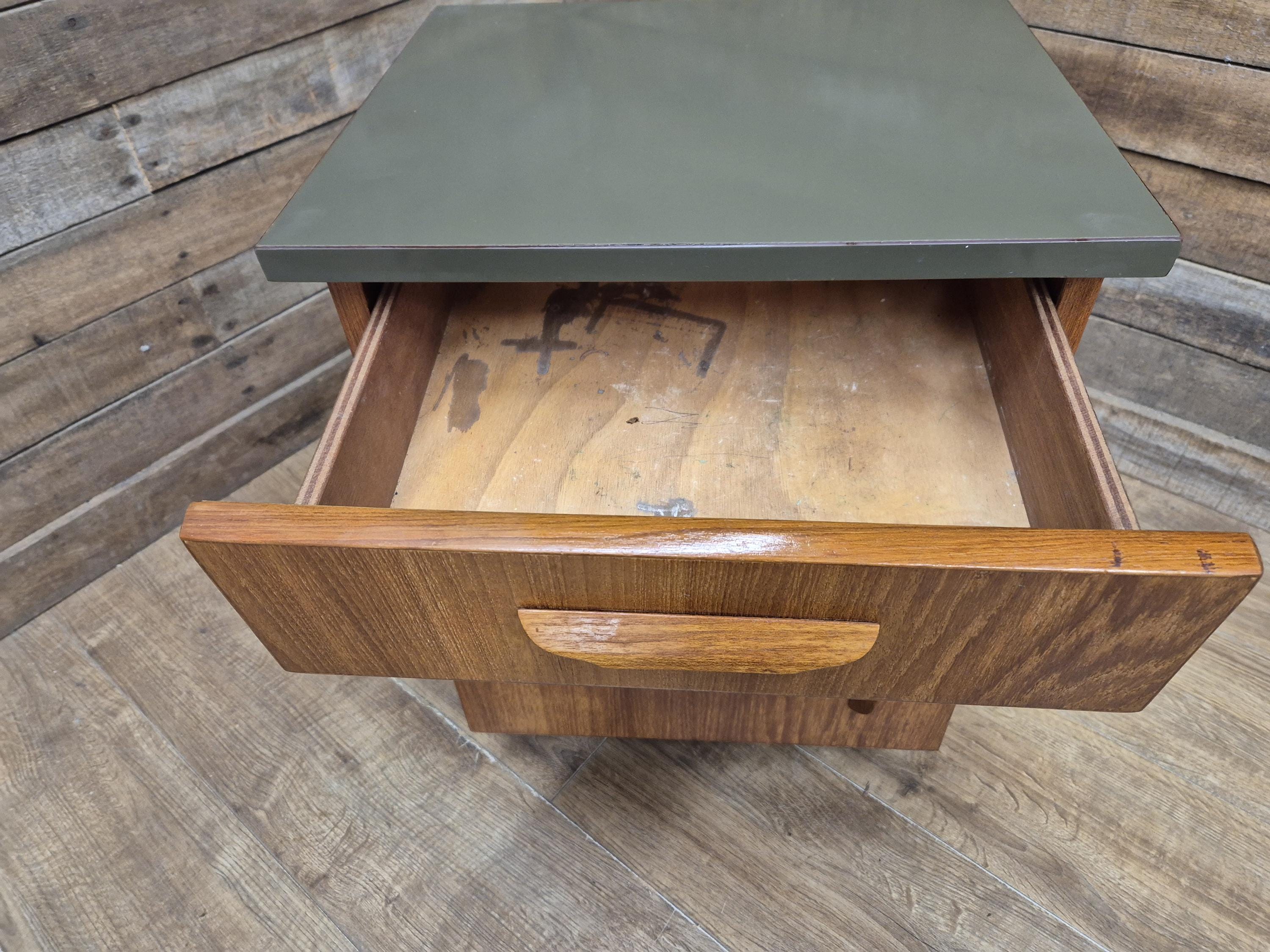 Mid Century Teak Bedside Cabinet Olive Grey Green Melamine Top Vintage