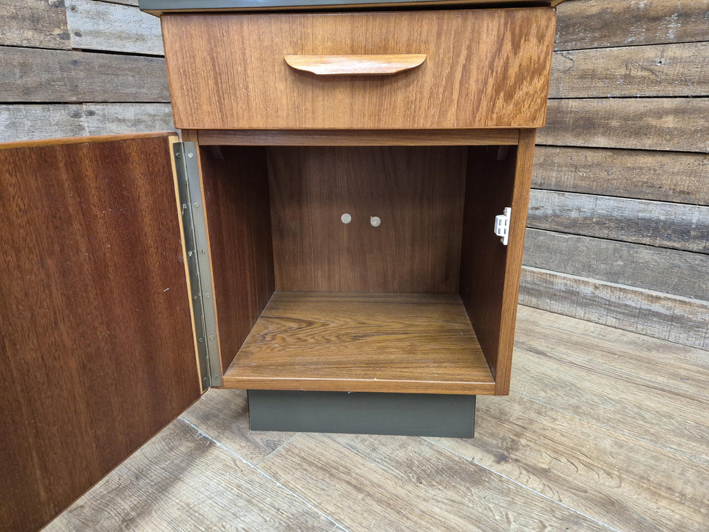 Mid Century Teak Bedside Cabinet Olive Grey Green Melamine Top Vintage