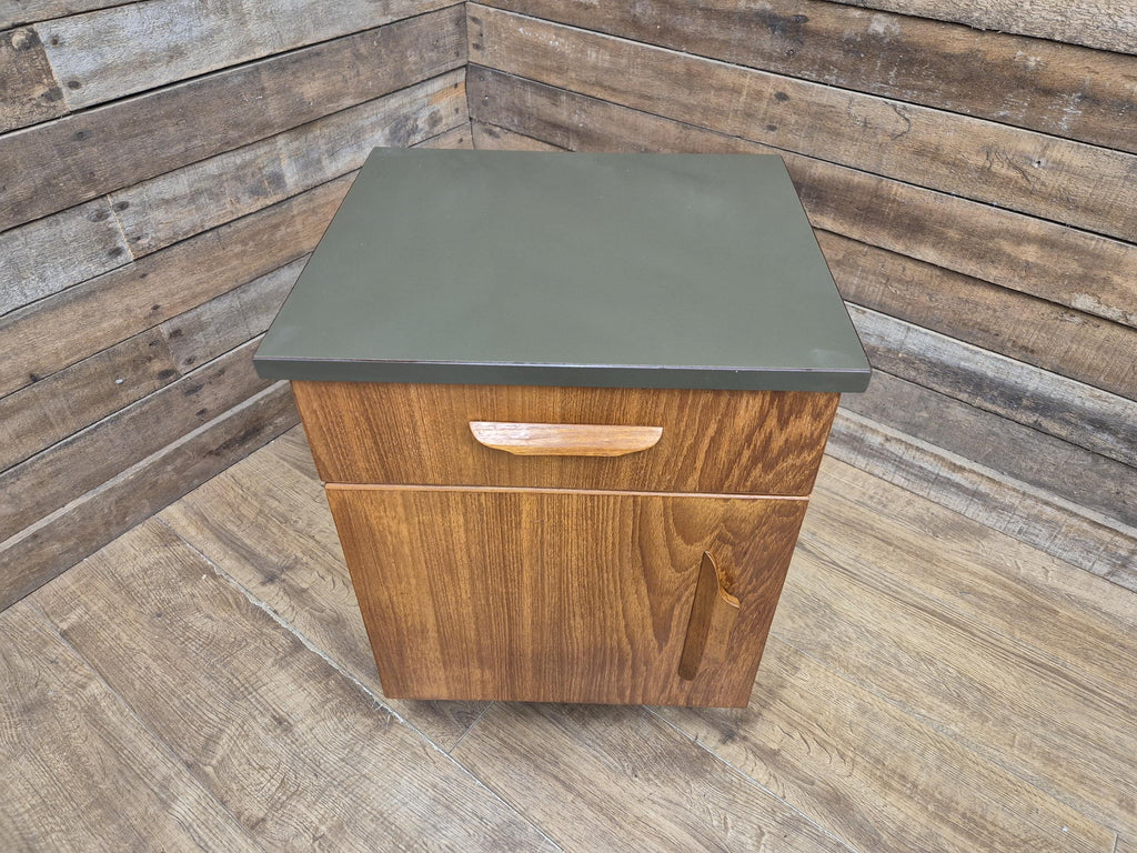 Mid Century Teak Bedside Cabinet Olive Grey Green Melamine Top Vintage