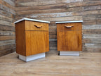 Two Mid Century Teak Bedside Cabinets White Melamine Top Vintage Retro