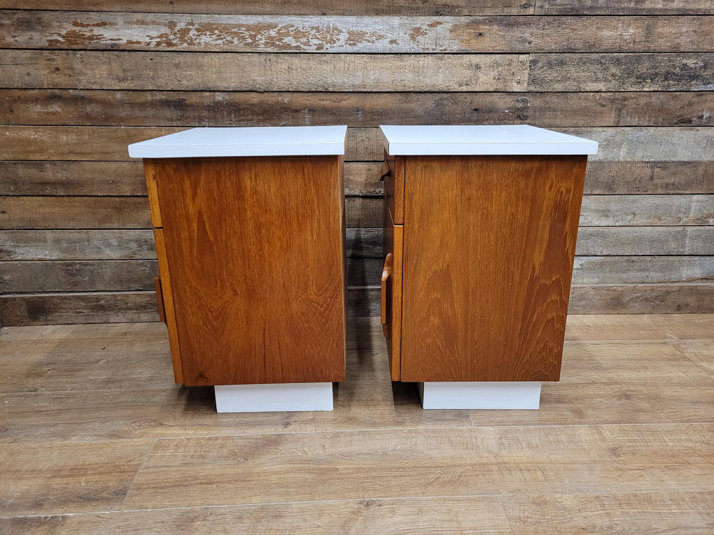 Two Mid Century Teak Bedside Cabinets White Melamine Top Vintage Retro