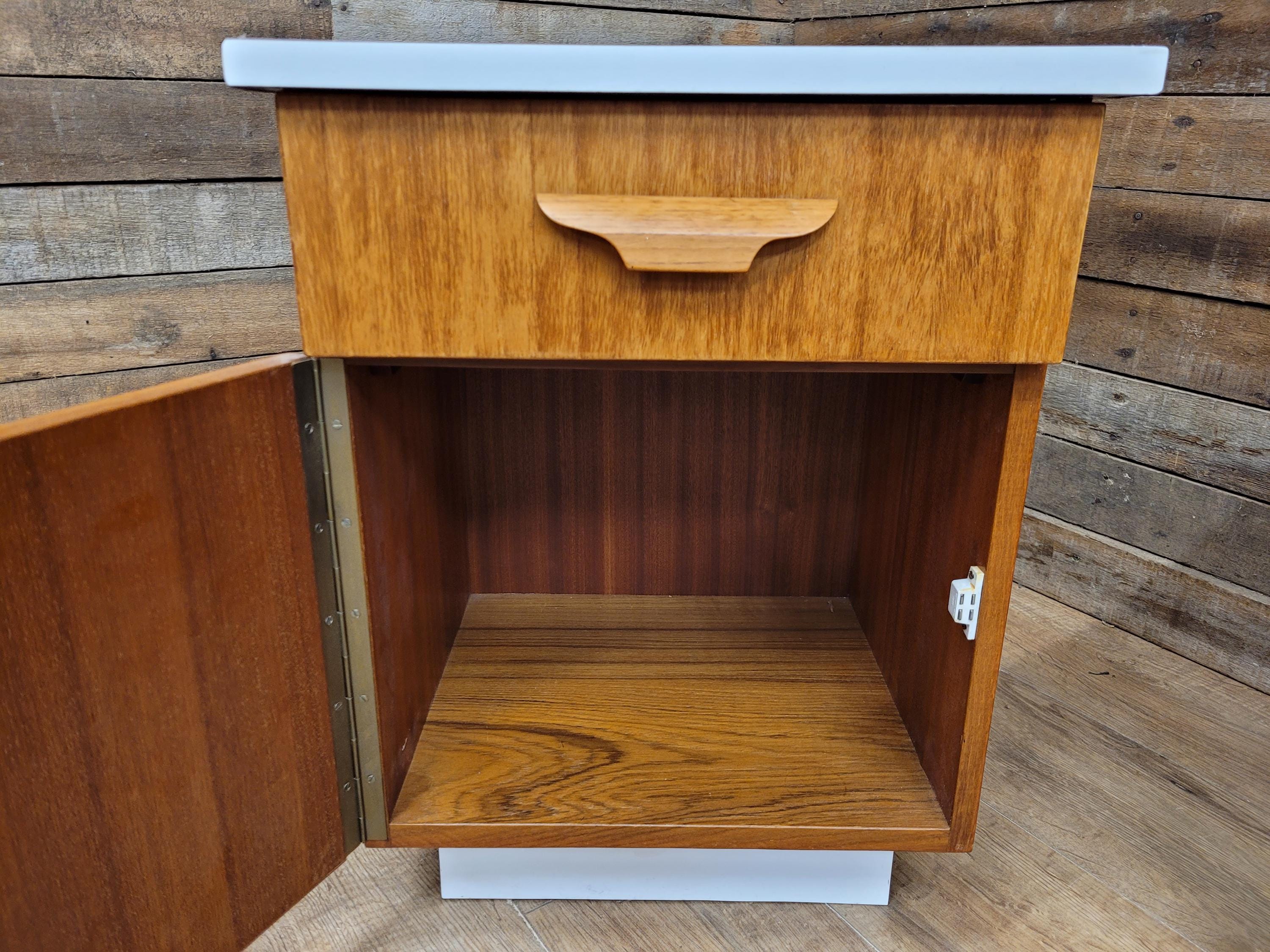 Two Mid Century Teak Bedside Cabinets White Melamine Top Vintage Retro