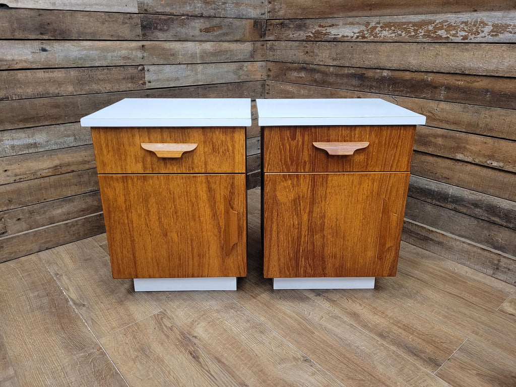 Two Mid Century Teak Bedside Cabinets White Melamine Top Vintage Retro