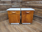 Two Mid Century Teak Bedside Cabinets White Melamine Top Vintage Retro