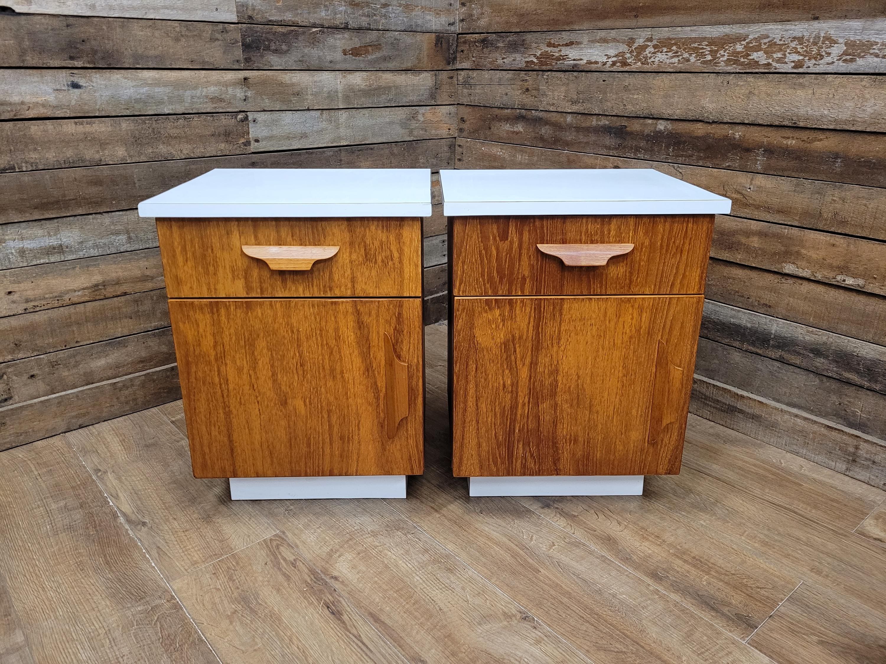Two Mid Century Teak Bedside Cabinets White Melamine Top Vintage Retro