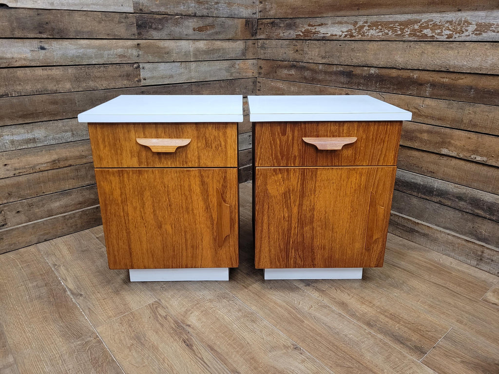 Two Mid Century Teak Bedside Cabinets White Melamine Top Vintage Retro