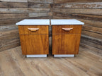 Two Mid Century Teak Bedside Cabinets White Melamine Top Vintage Retro