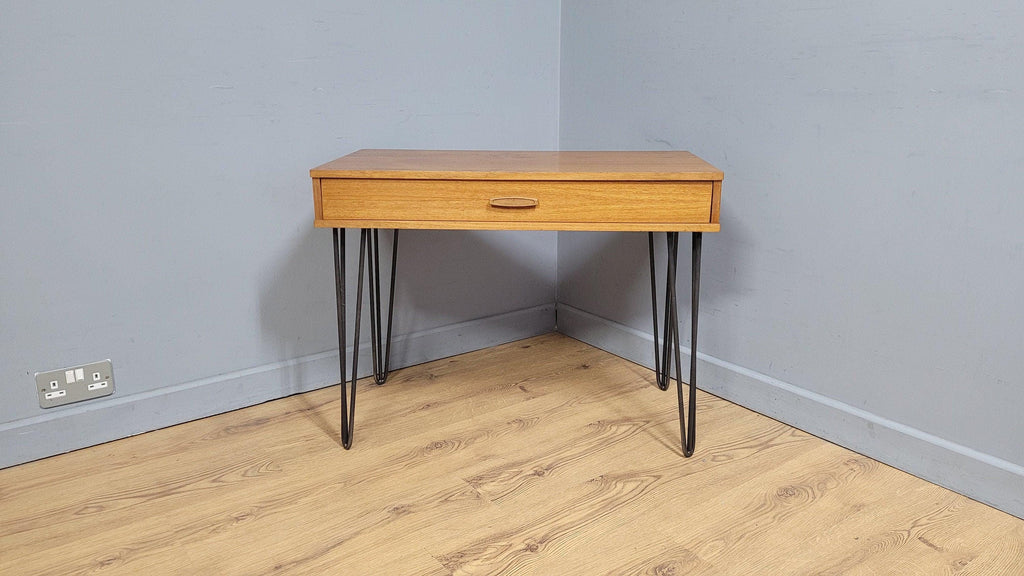 Mid Century Avalon Teak Side Table with Drawer Hairpin Legs Up Cycled Sideboard