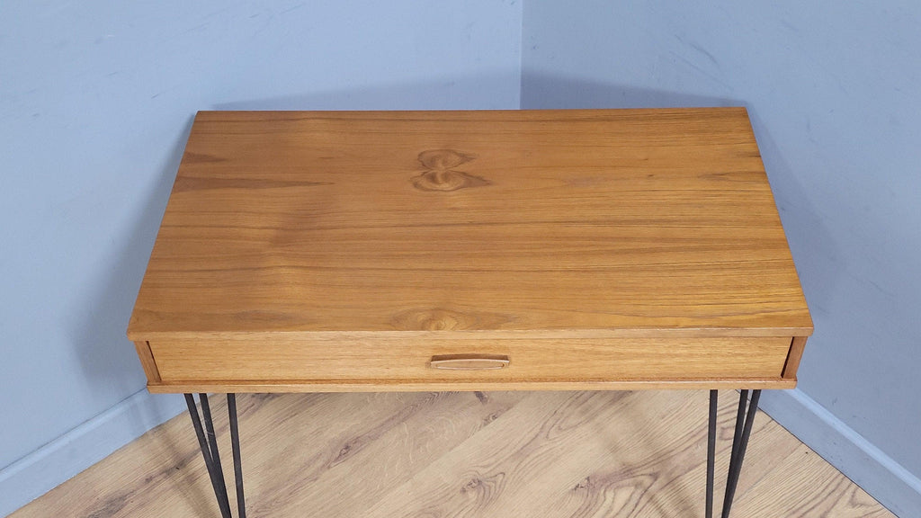 Mid Century Avalon Teak Side Table with Drawer Hairpin Legs Up Cycled Sideboard