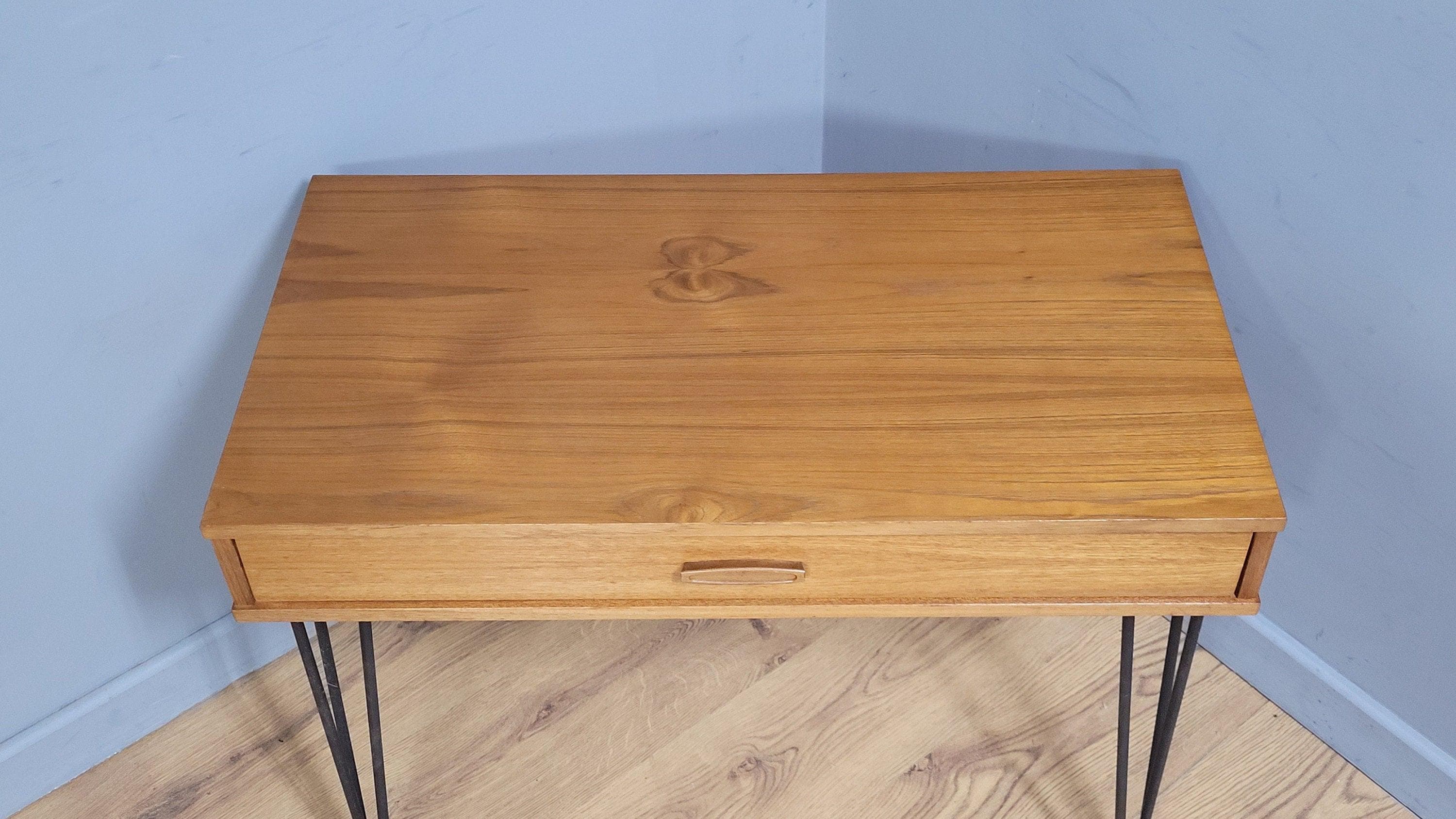 Mid Century Avalon Teak Side Table with Drawer Hairpin Legs Up Cycled Sideboard