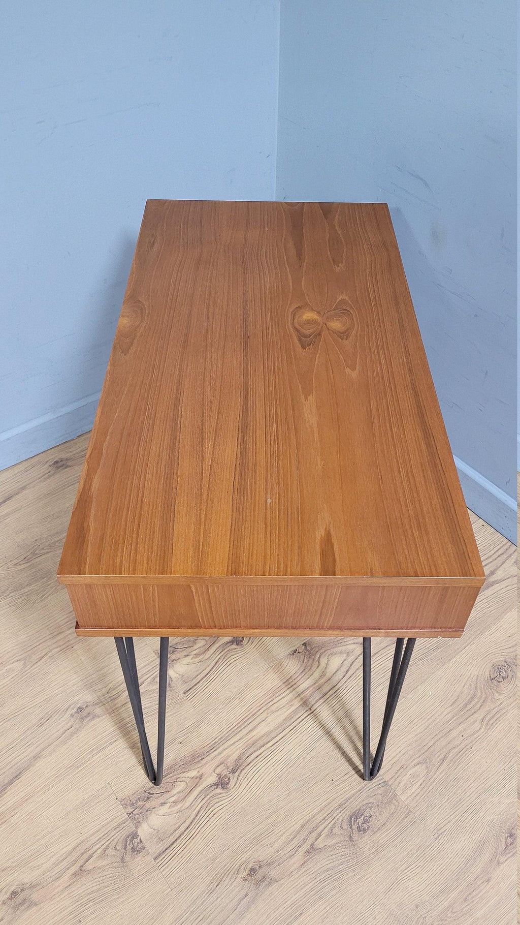 Mid Century Avalon Teak Side Table with Drawer Hairpin Legs Up Cycled Sideboard
