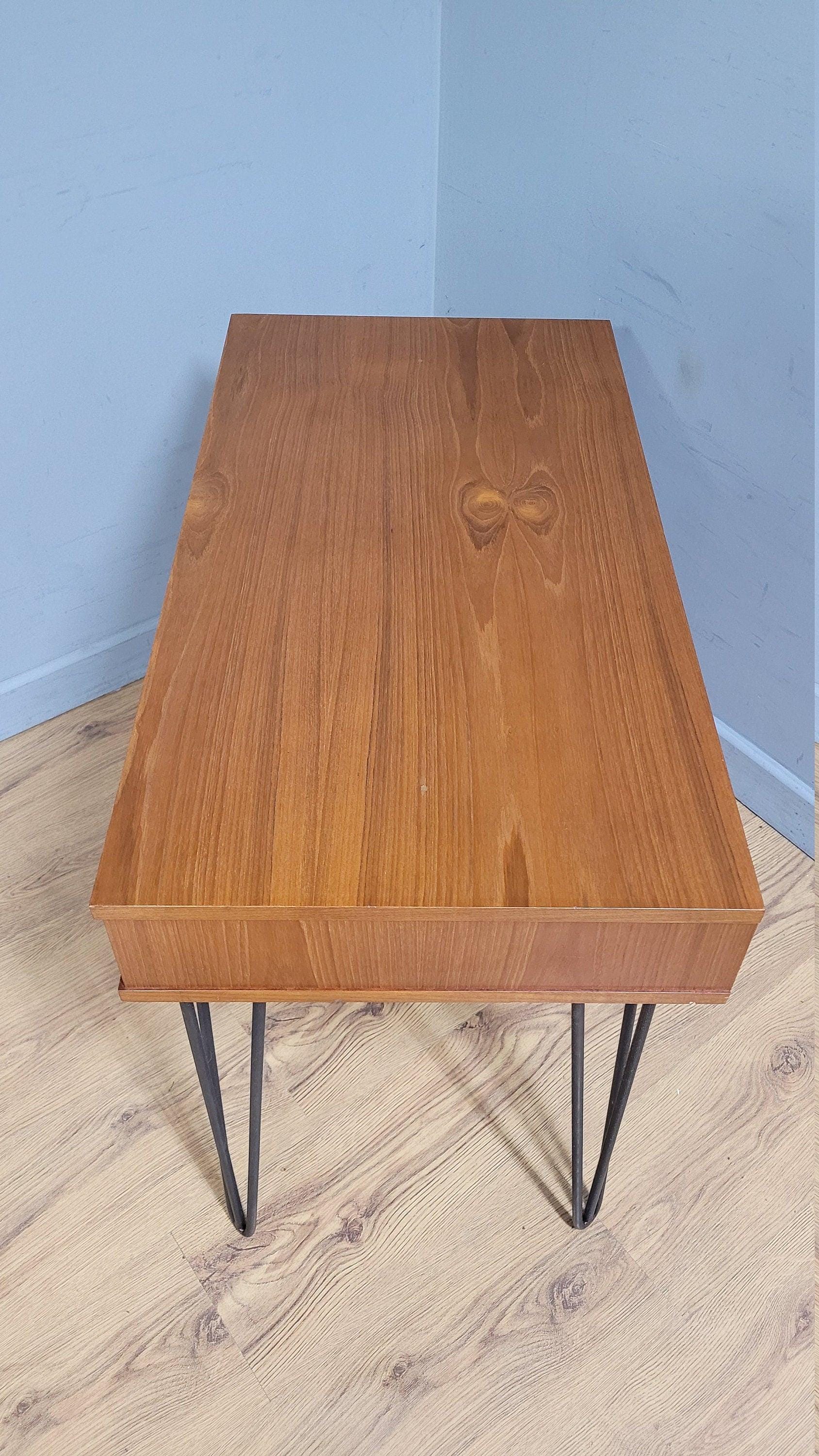 Mid Century Avalon Teak Side Table with Drawer Hairpin Legs Up Cycled Sideboard