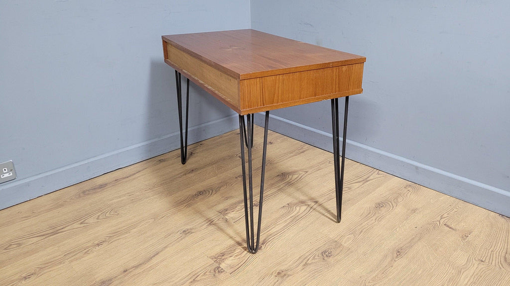 Mid Century Avalon Teak Side Table with Drawer Hairpin Legs Up Cycled Sideboard