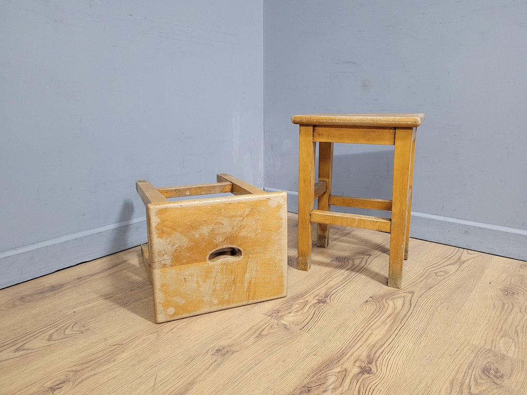 Vintage Pair Of Short Old School Lab Stools Ideal For Kitchen Table Blonde Wood