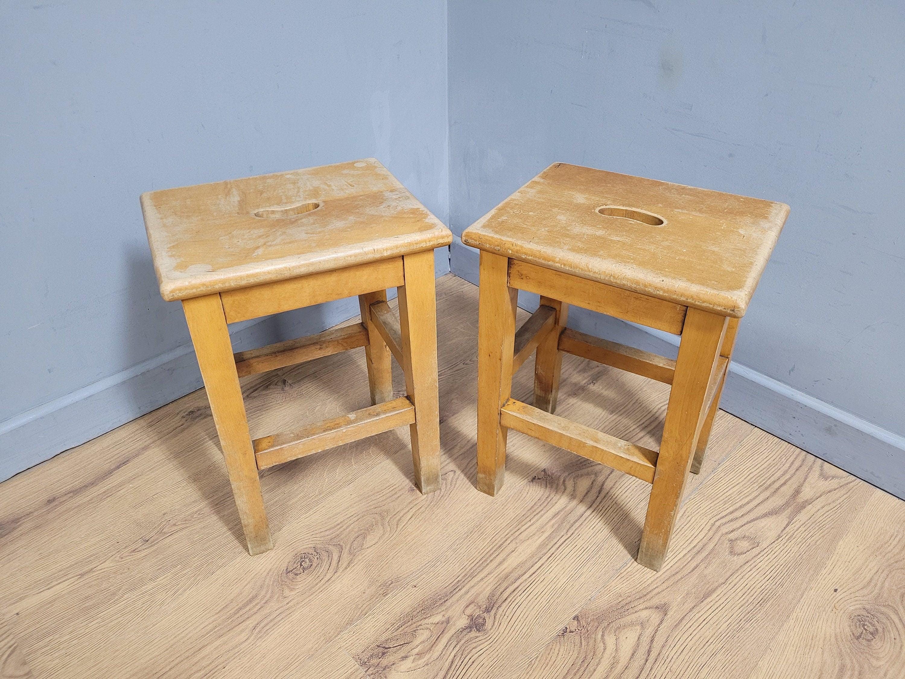 Vintage Pair Of Short Old School Lab Stools Ideal For Kitchen Table Blonde Wood