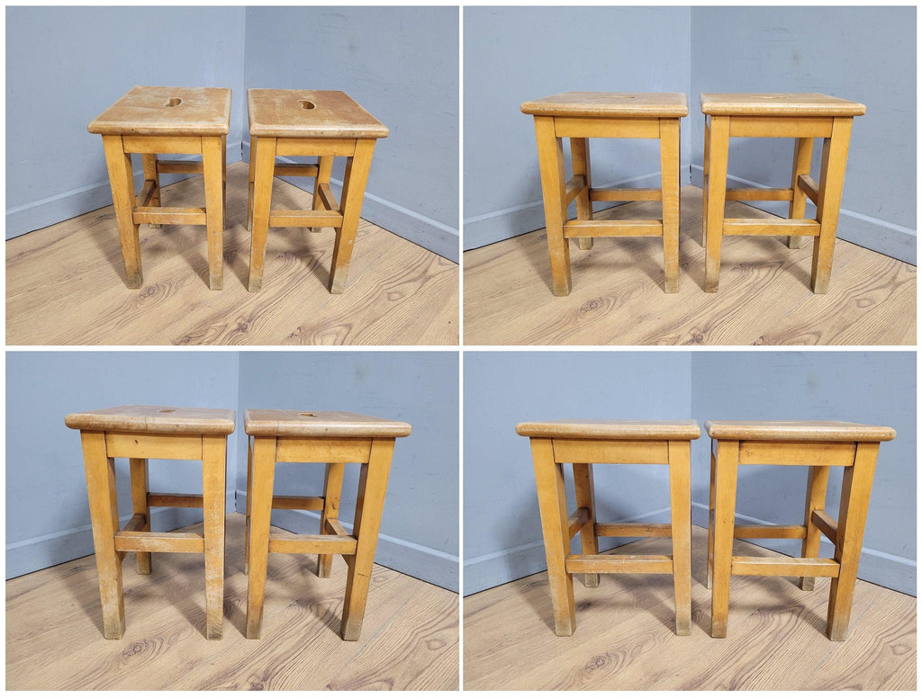 Vintage Pair Of Short Old School Lab Stools Ideal For Kitchen Table Blonde Wood