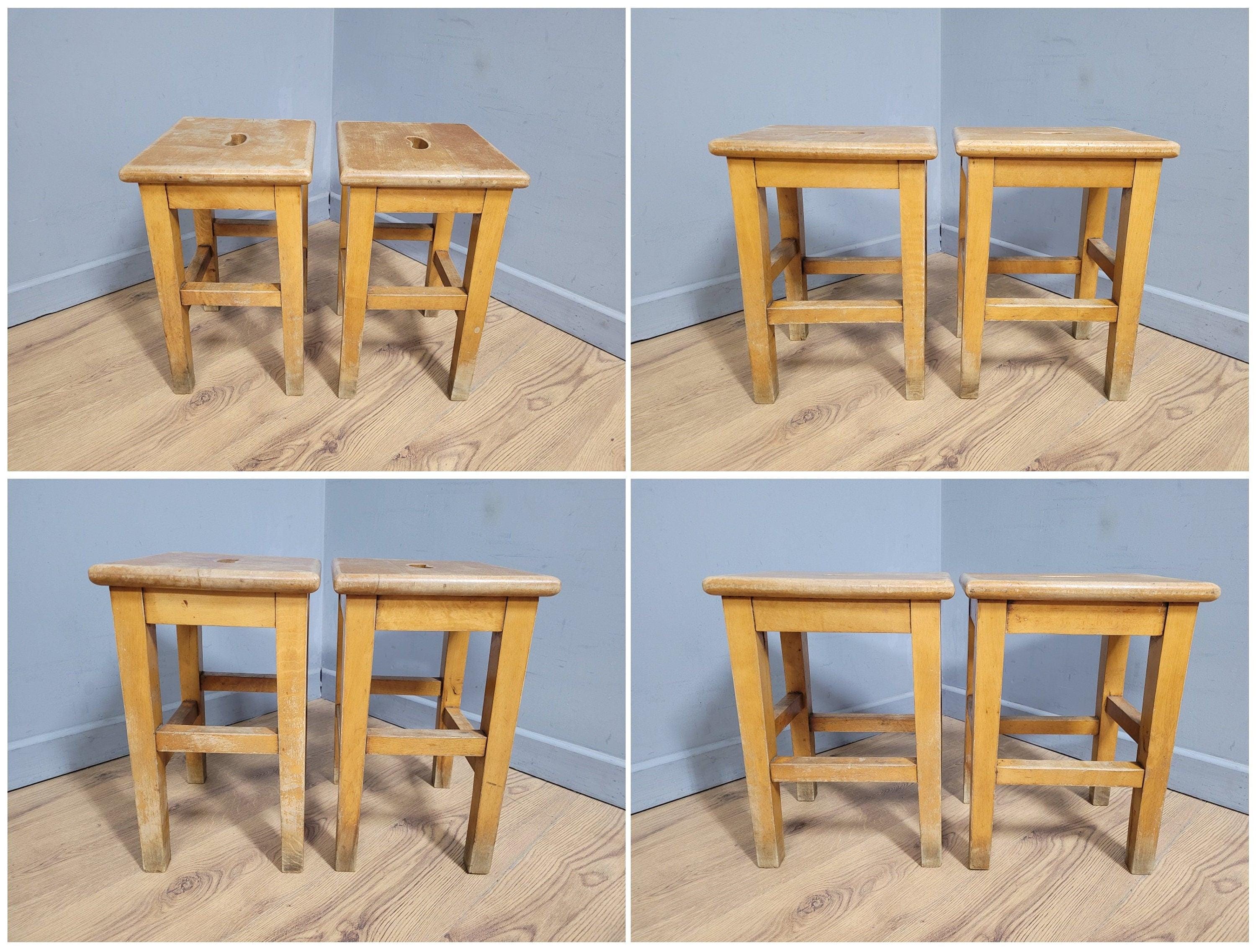 Vintage Pair Of Short Old School Lab Stools Ideal For Kitchen Table Blonde Wood