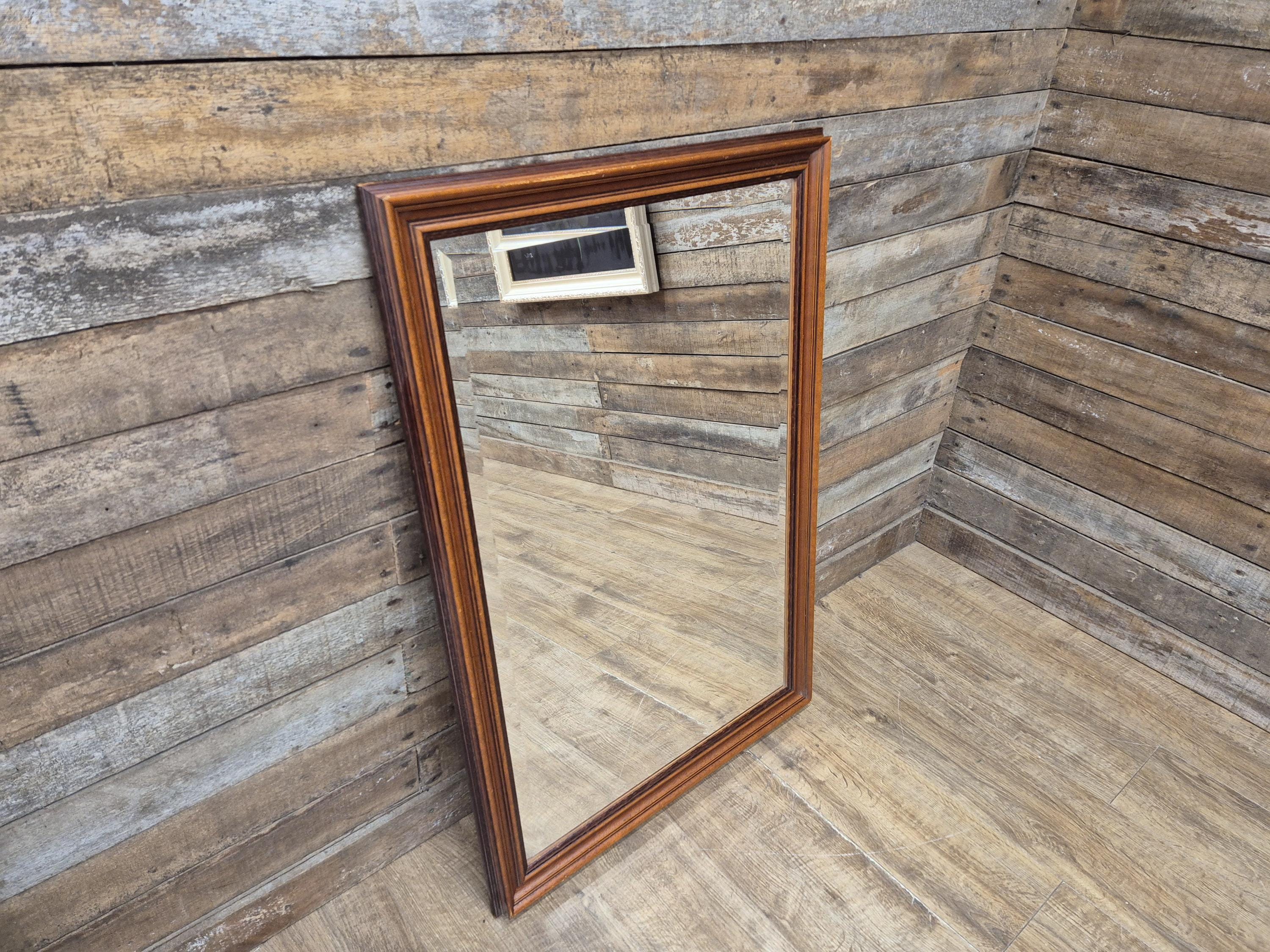 Large Bevel Edged Vintage Wood Rectangular Over Mantle Wall Mirror