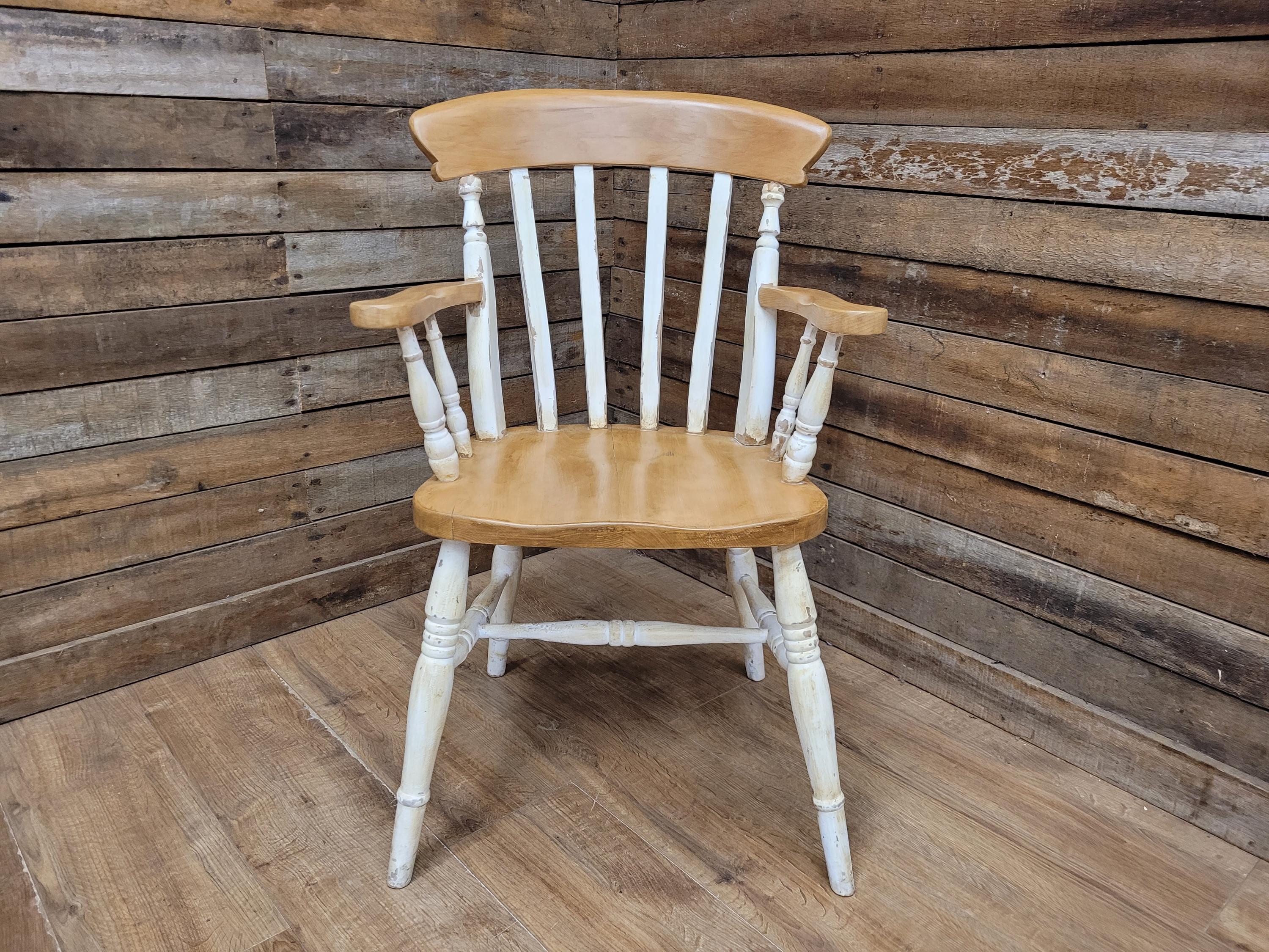 Antique Waxed Vintage Country House Distressed Painted Lath Back Carver Armchair