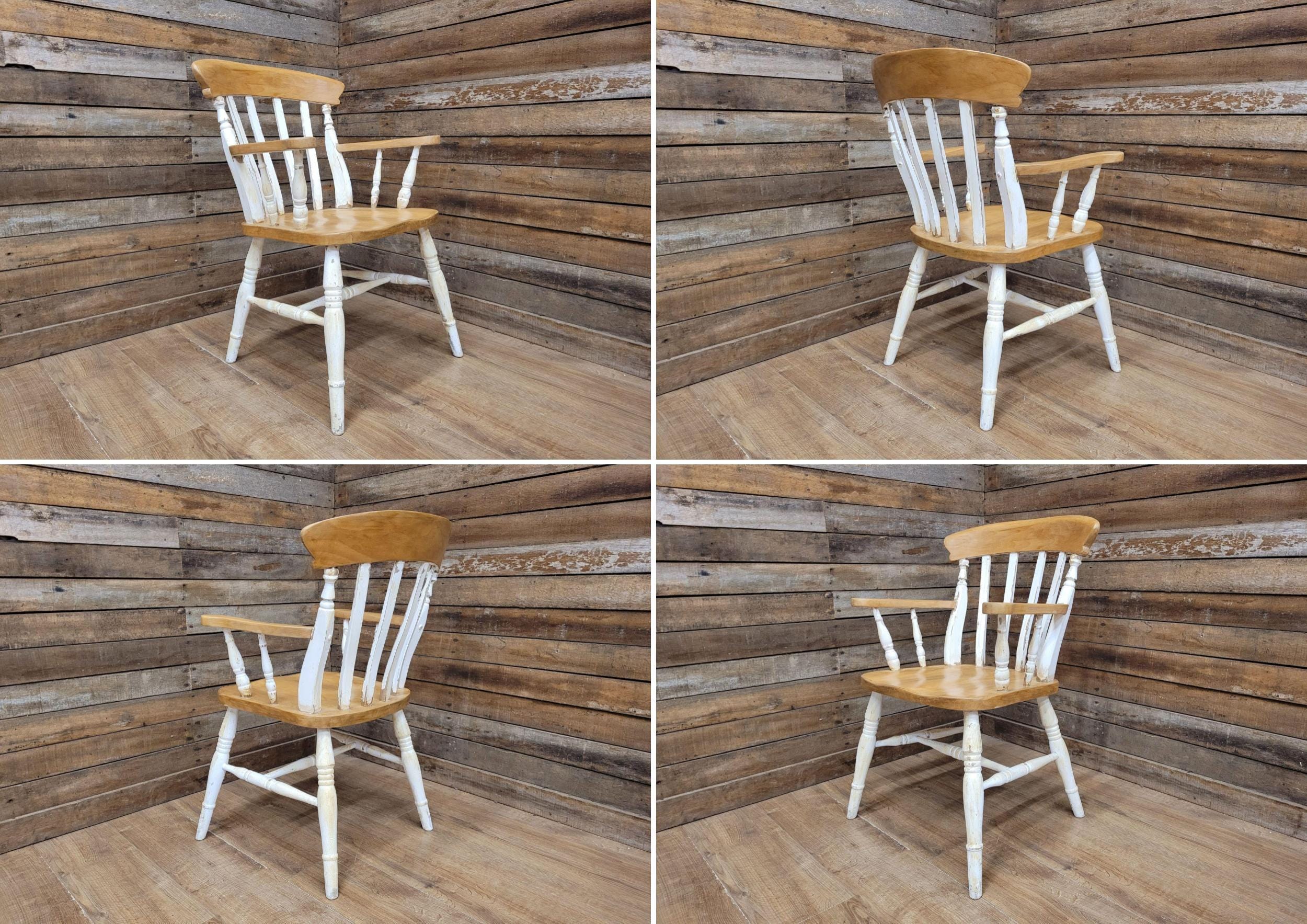 Antique Waxed Vintage Country House Distressed Painted Lath Back Carver Armchair