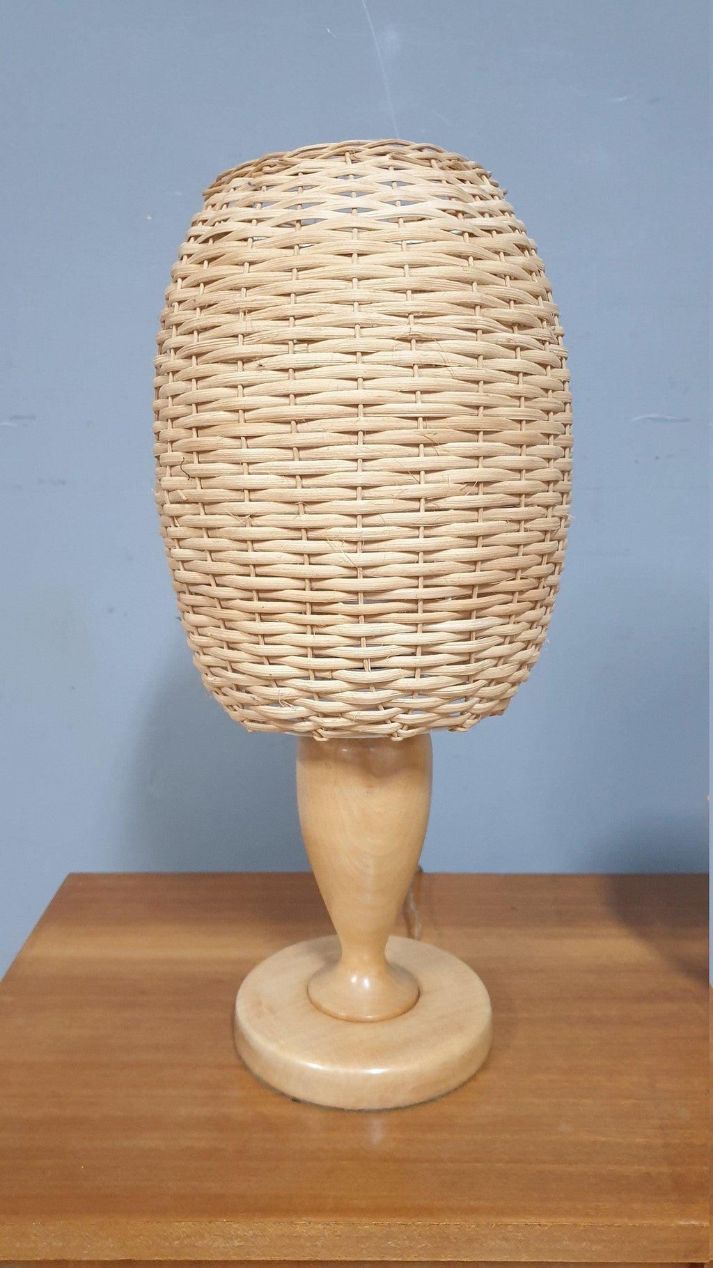 Vintage Wicker Rattan Wooden Table Lamp and Matching Ceiling Pendant Light Shade