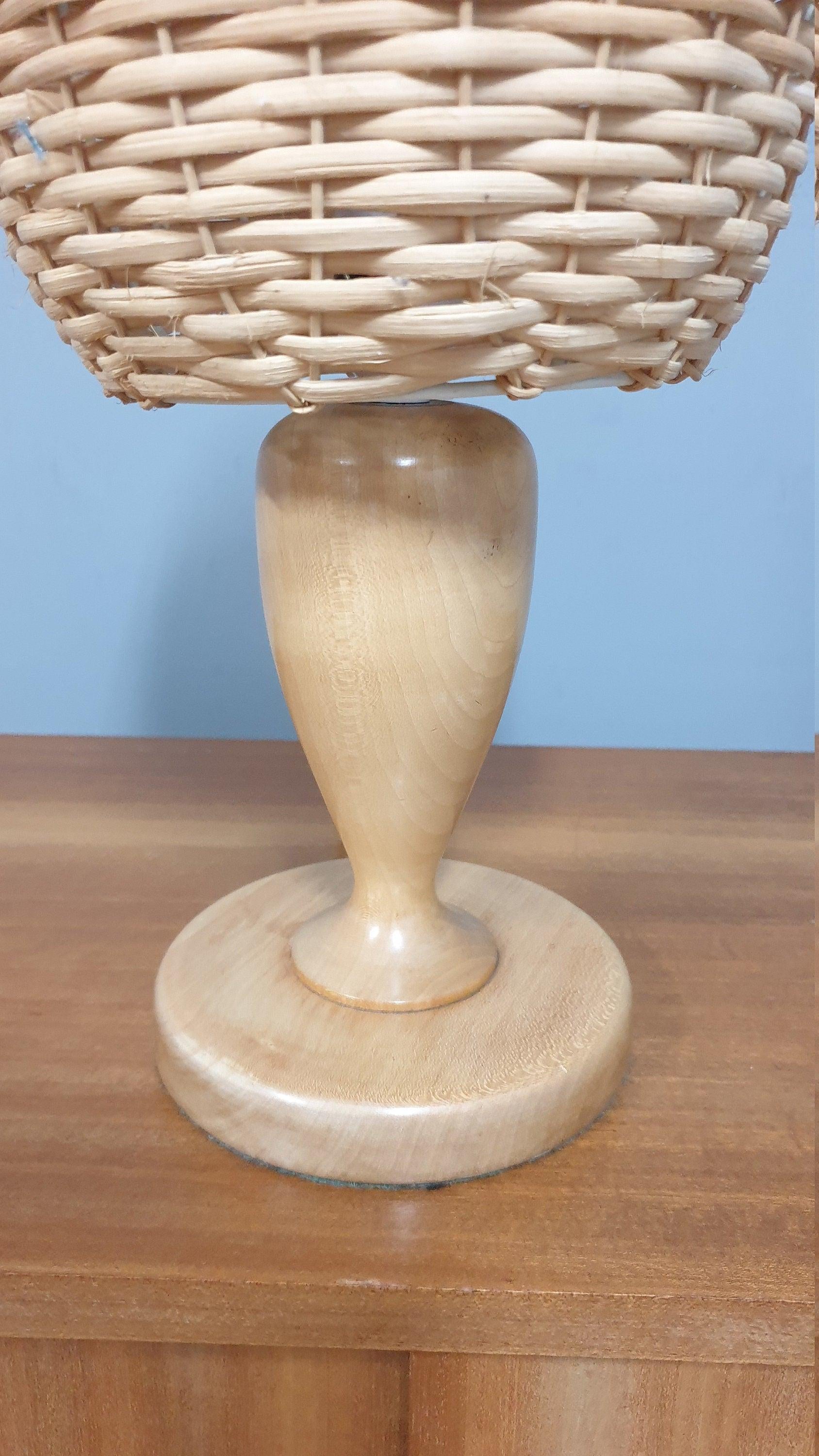 Vintage Wicker Rattan Wooden Table Lamp and Matching Ceiling Pendant Light Shade