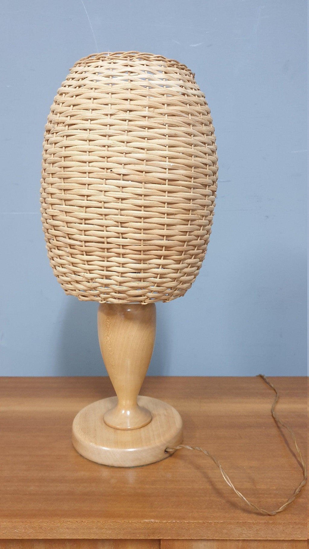Vintage Wicker Rattan Wooden Table Lamp and Matching Ceiling Pendant Light Shade