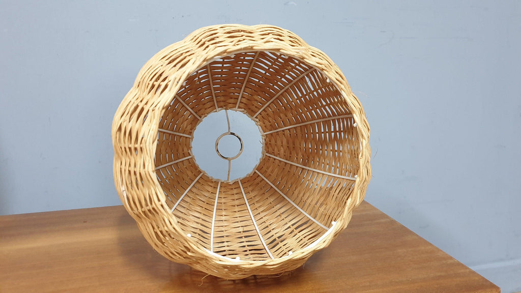 Vintage Wicker Rattan Wooden Table Lamp and Matching Ceiling Pendant Light Shade
