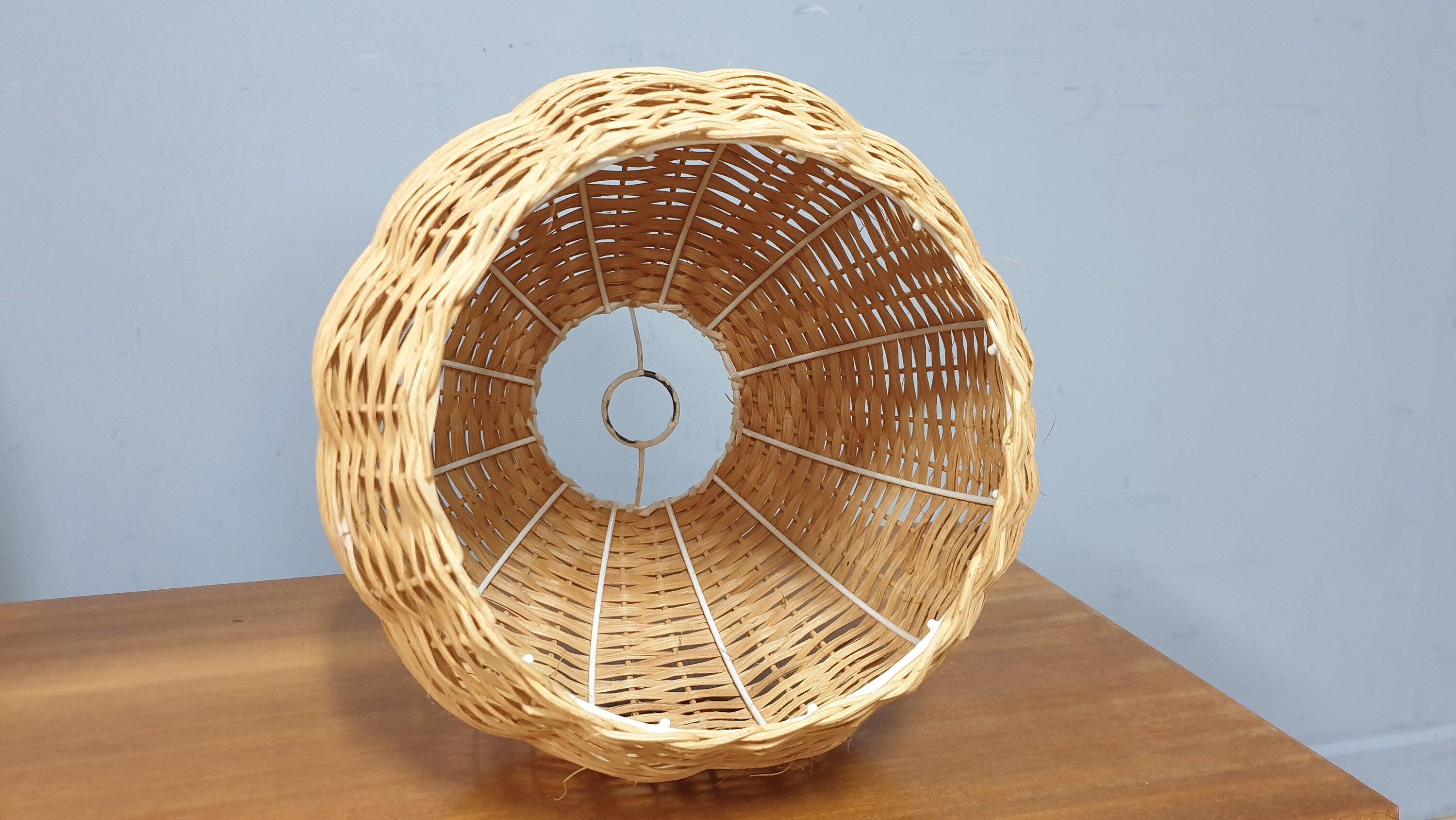 Vintage Wicker Rattan Wooden Table Lamp and Matching Ceiling Pendant Light Shade