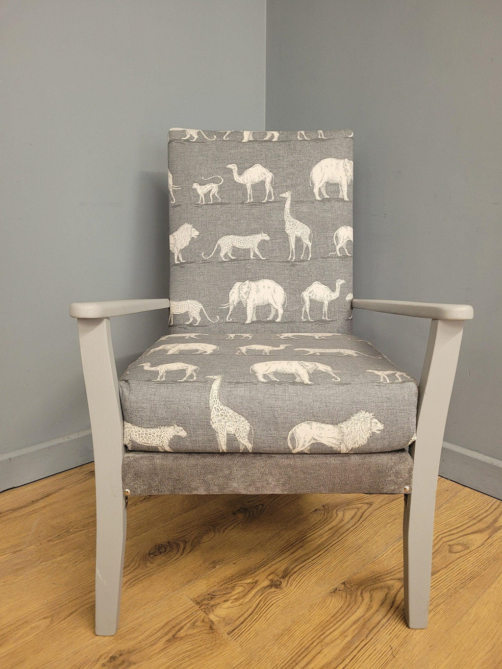 Mid Century Style Painted Grey Animal Print Armchair