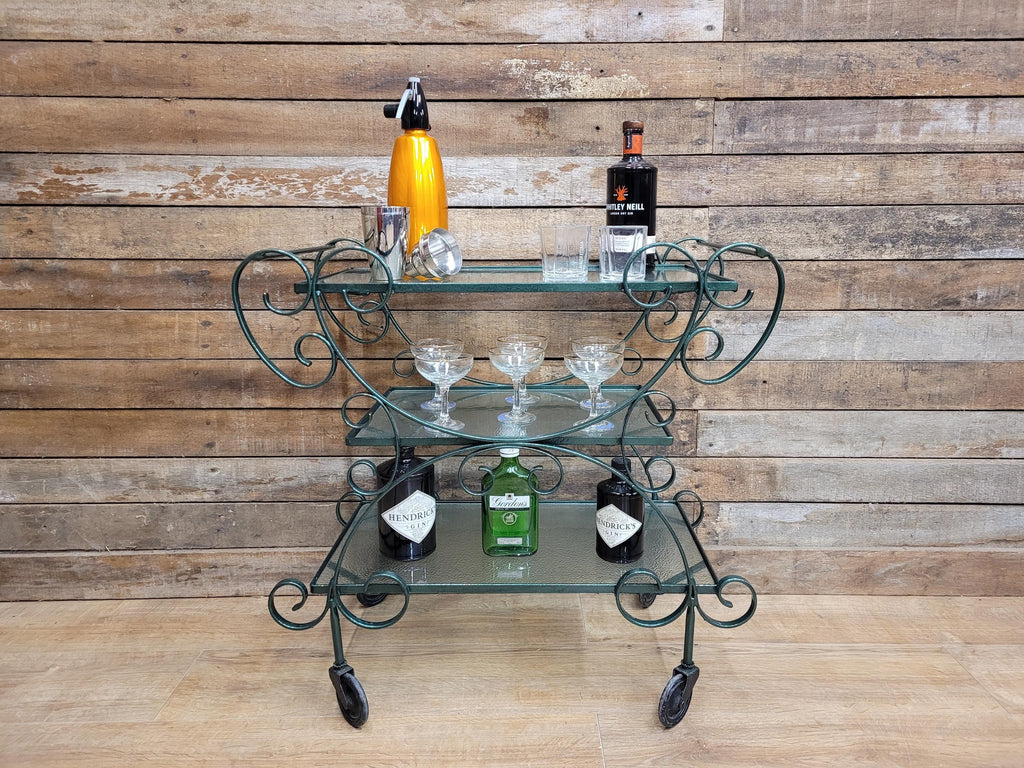 Vintage Wrought Iron Style Drinks Trolley Green Metal Frame Opaque Glass Shelves