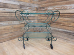Vintage Wrought Iron Style Drinks Trolley Green Metal Frame Opaque Glass Shelves