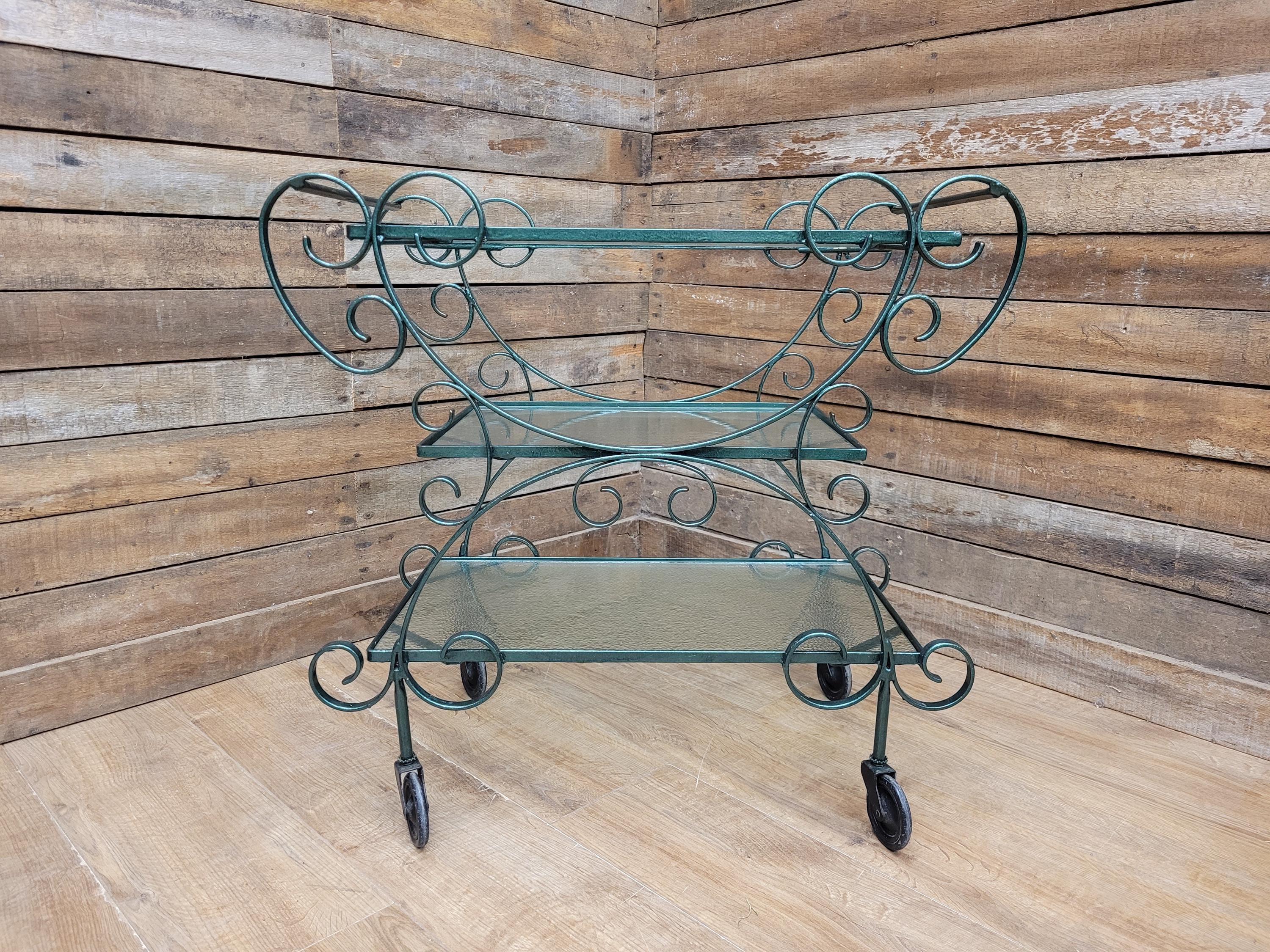 Vintage Wrought Iron Style Drinks Trolley Green Metal Frame Opaque Glass Shelves