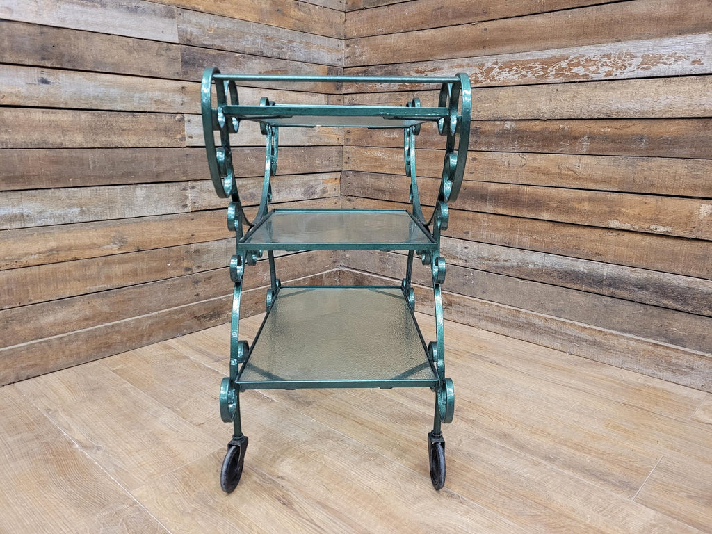 Vintage Wrought Iron Style Drinks Trolley Green Metal Frame Opaque Glass Shelves
