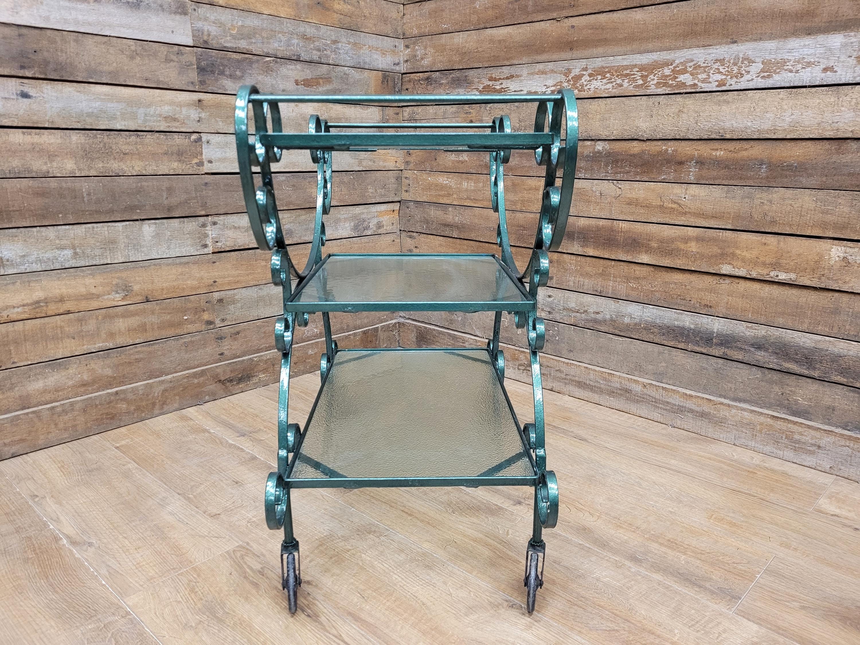 Vintage Wrought Iron Style Drinks Trolley Green Metal Frame Opaque Glass Shelves