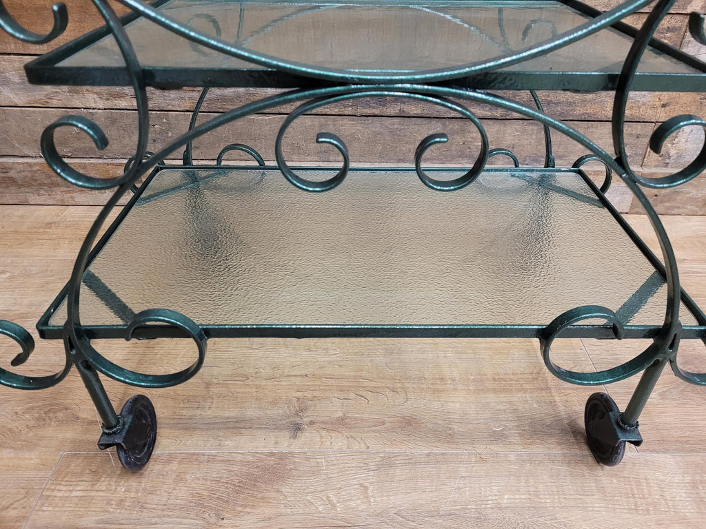 Vintage Wrought Iron Style Drinks Trolley Green Metal Frame Opaque Glass Shelves