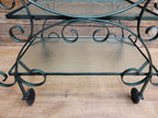 Vintage Wrought Iron Style Drinks Trolley Green Metal Frame Opaque Glass Shelves