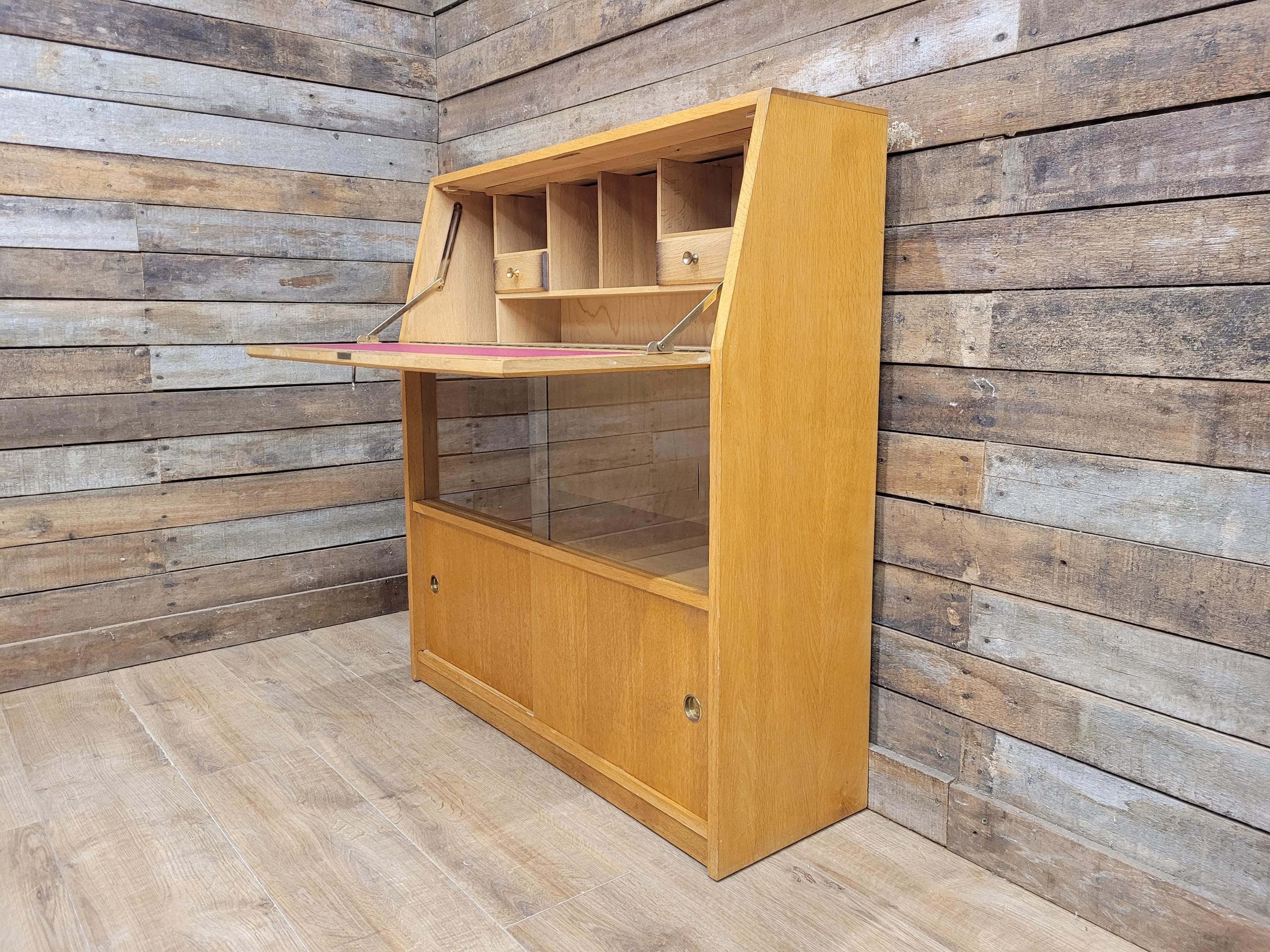 Retro Chic Mid Century Student Bureau Sliding Glass and Cupboard Doors