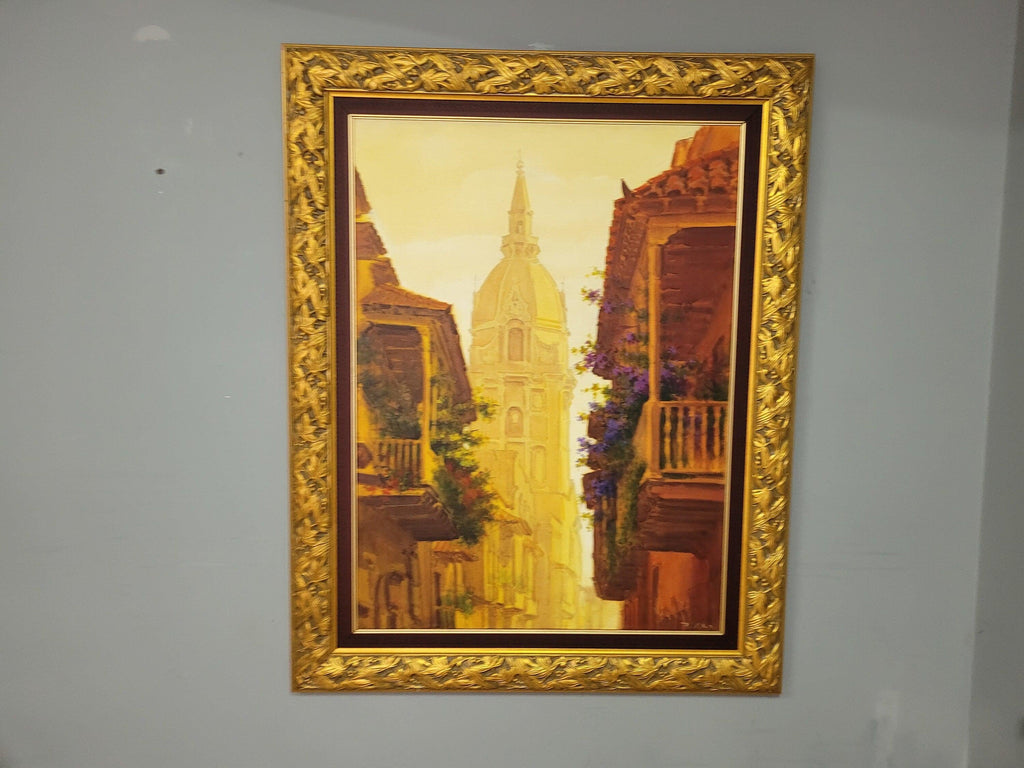 Very Large Ornate Gold Framed Original Painting The Cathedral of Cartagena #9
