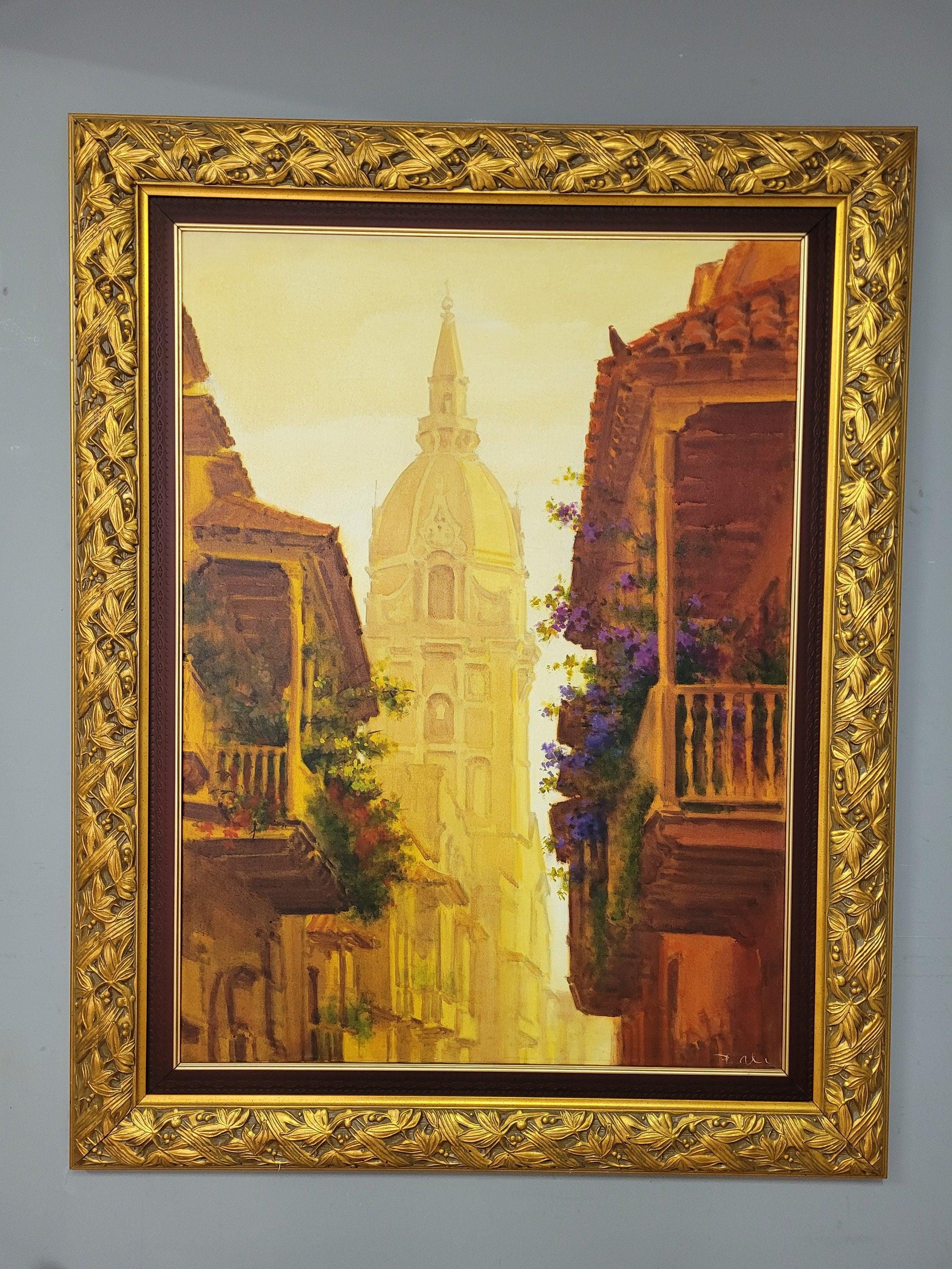 Very Large Ornate Gold Framed Original Painting The Cathedral of Cartagena #9