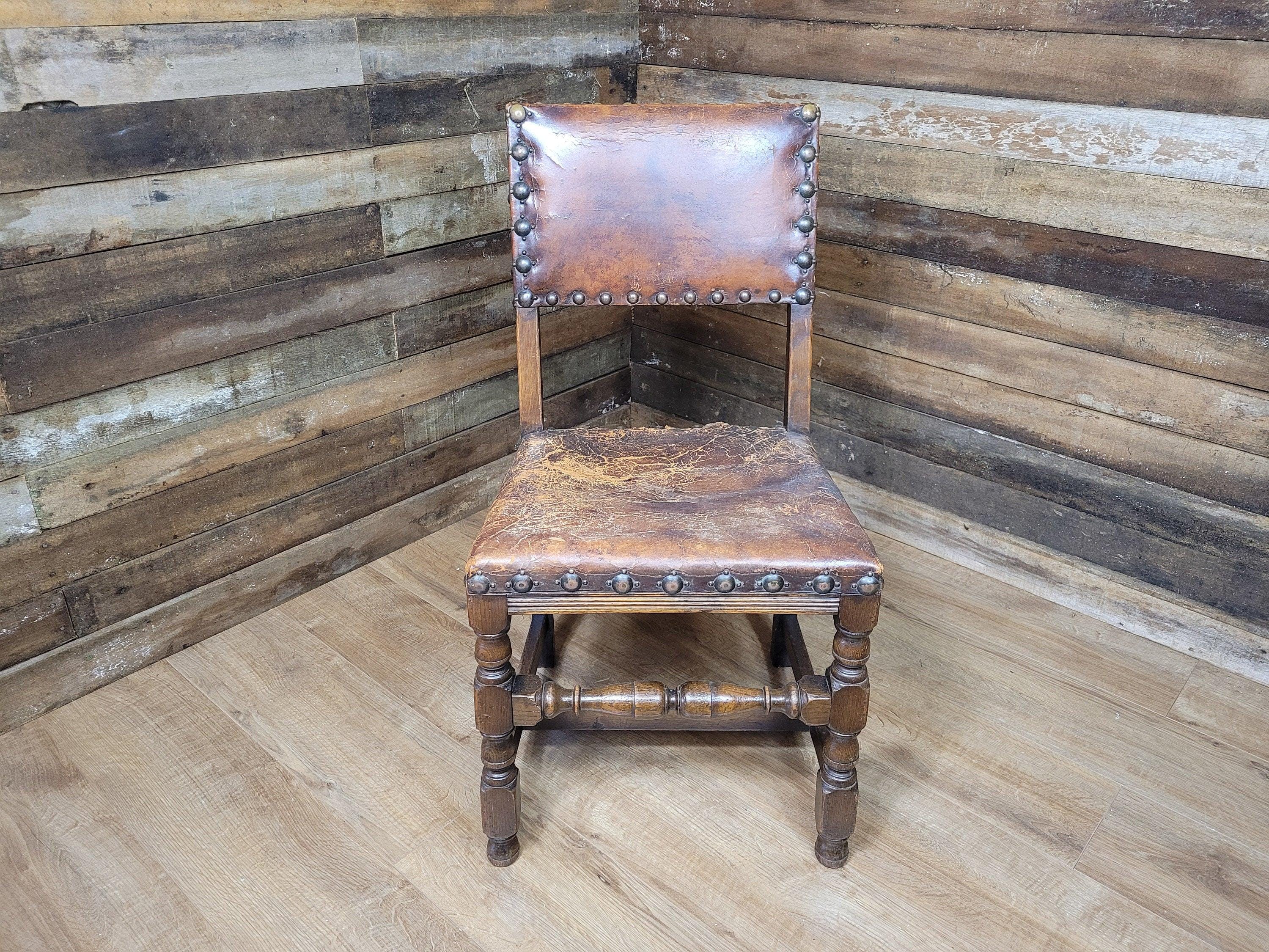 Vintage Elizabethan Style Oak Hall Or Bedroom Chair Distressed Tan Leather