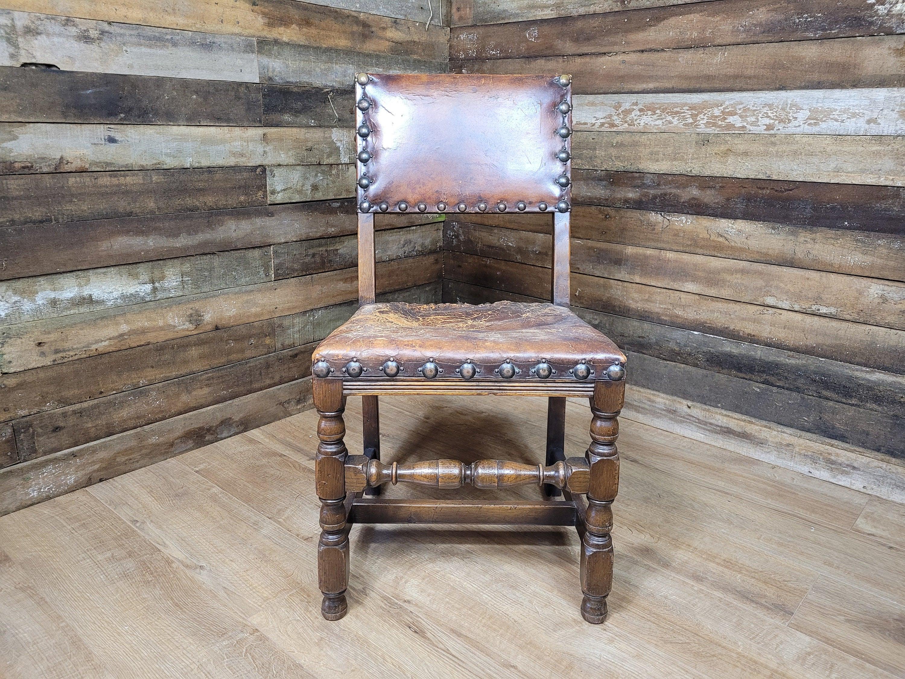 Vintage Elizabethan Style Oak Hall Or Bedroom Chair Distressed Tan Leather